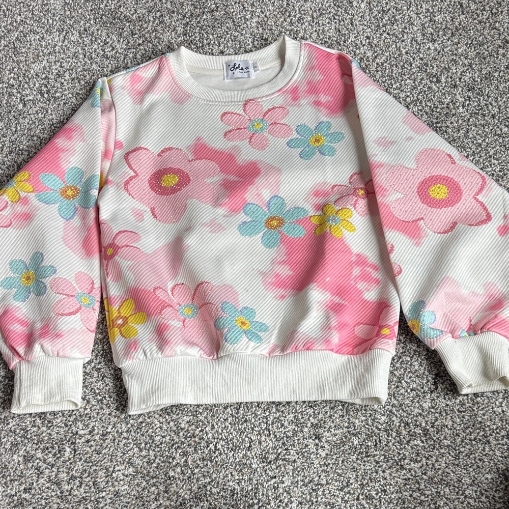 Lola + The Boys White Floral Sweatshirt with Pink, Blue, and Yellow Flowers